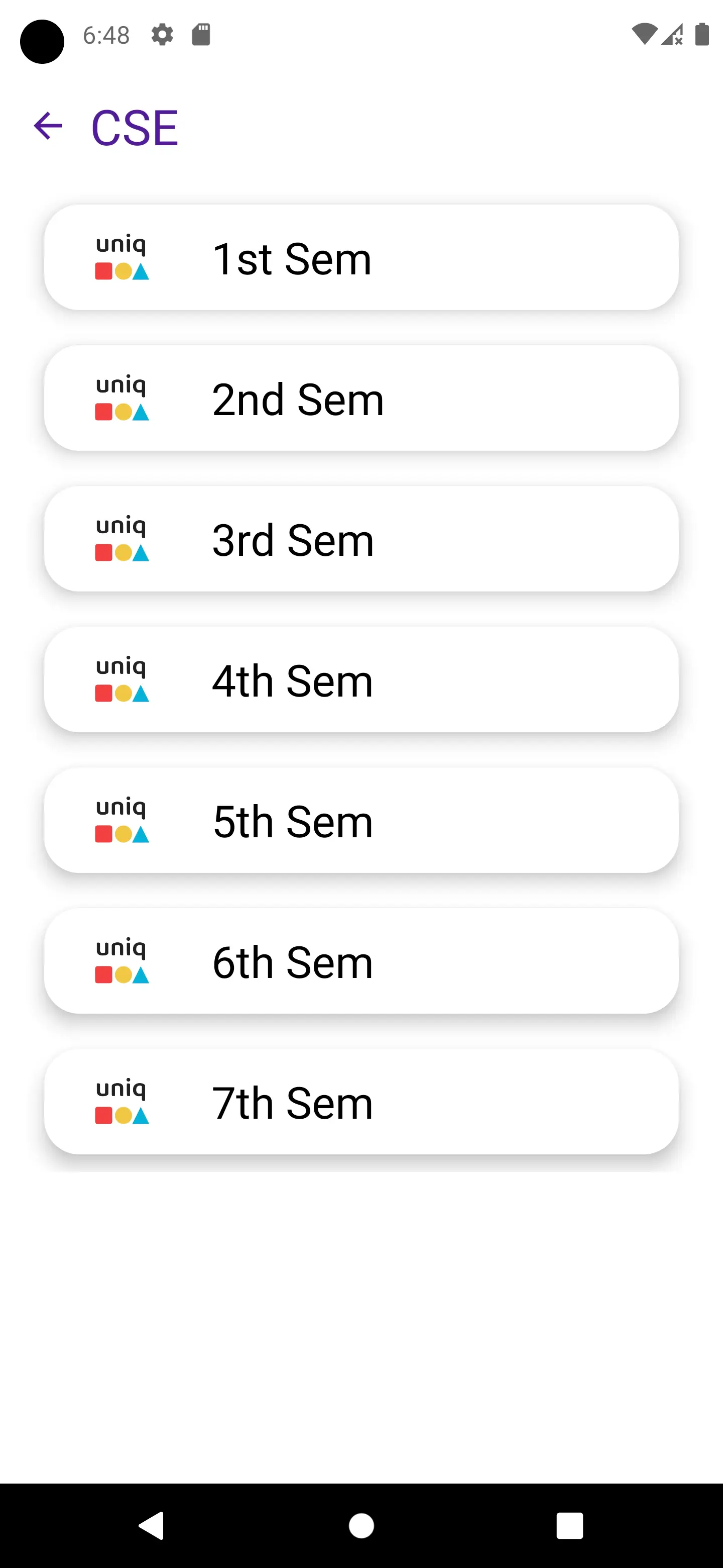 UniQ Papers Semesters Screen