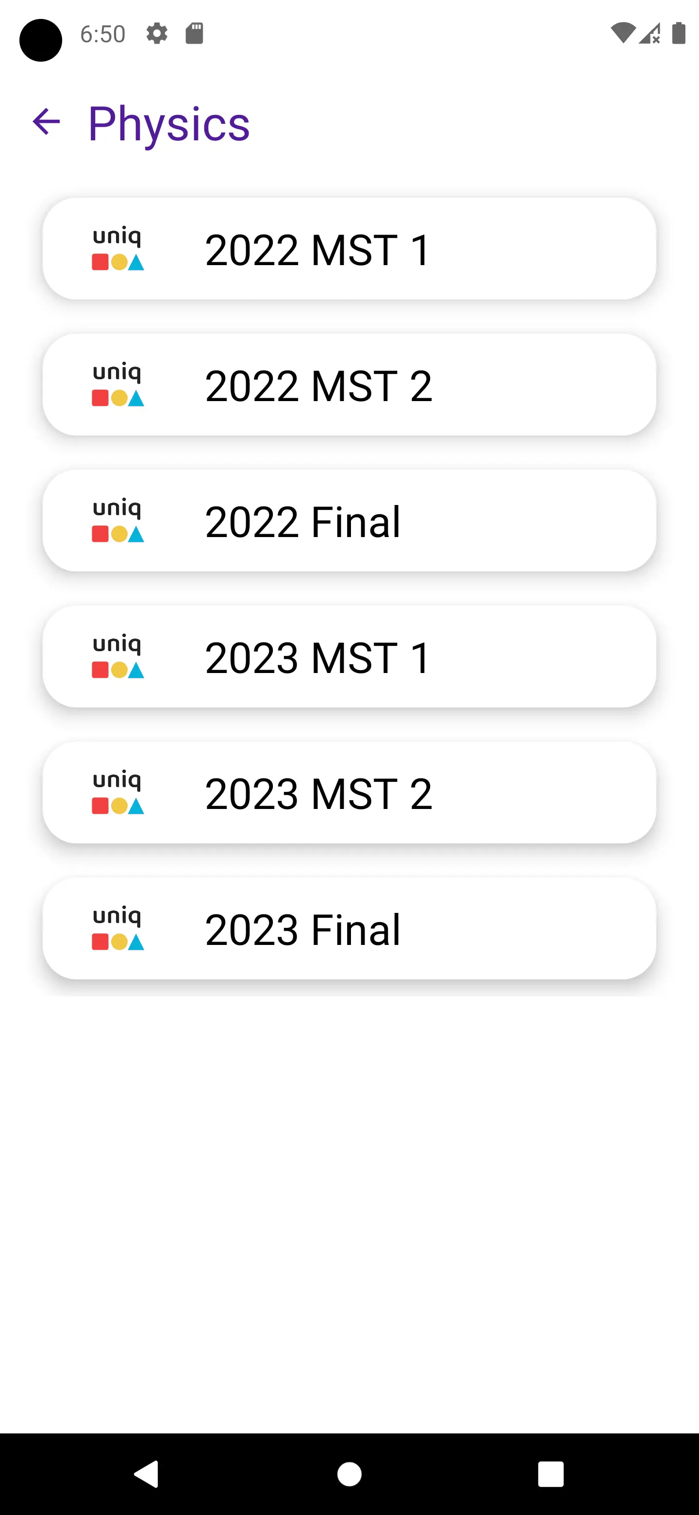 UniQ Papers Subject Screen
